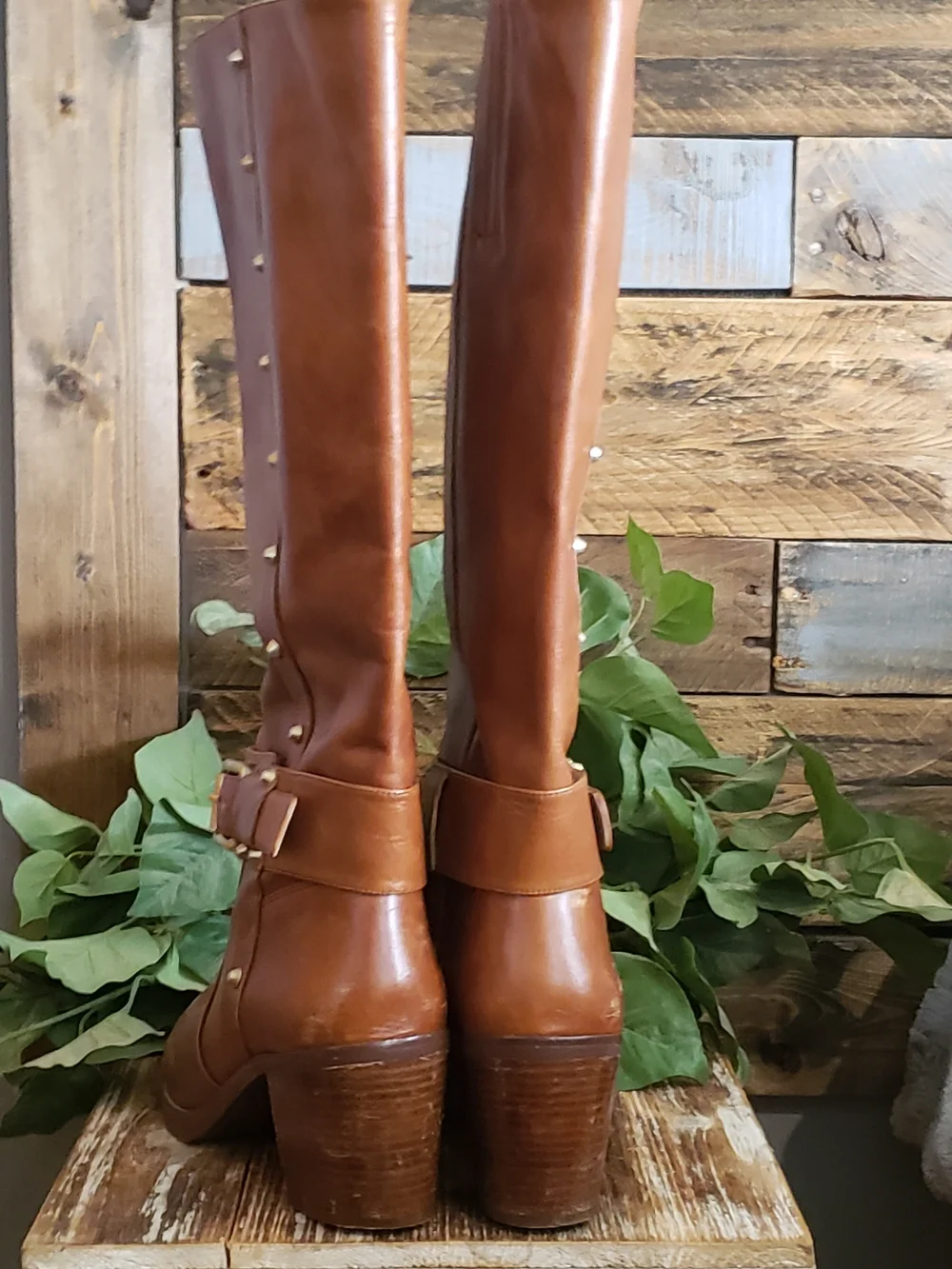 Michael Kors Cognac Tall Knee Buckle & Stud Boots